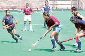 Indian women hockey probables take part in the selection trials being held at the Sector 42 stadium.