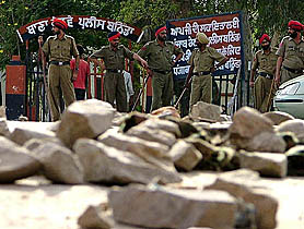 Stones lying in front of General Railway Police station after a clash took place between the workers of a labour union and a private contractor