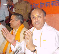 VHP leader Parveen Togadia talks to newsmen at Jammu on Sunday.
