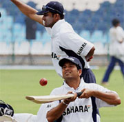 Sachin Tendulkar and Anil Kumble during a training session in Lahore 