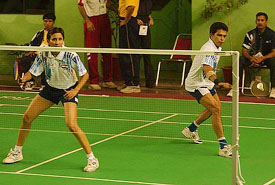 India's Markose Bristow and Manjusha Kanwar play against Sri Lanka during the mixed doubles semifinal at the SAF Games