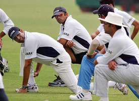 Indian players during the training session on the eve of their second Test match against Pakistan at Gaddafi stadium