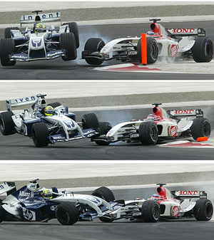 A combination of images shows the crash between BMW Williams driver Ralf Schumacher of Germany and Honda BAR driver Takuma Sato of Japan