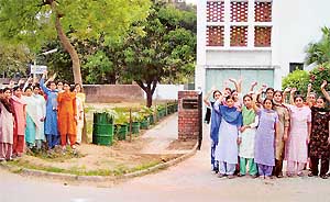 Students of the Government Central Crafts Institute, Sector 11, protest against a move by the Muncipal Corporation, Chandigarh, to remove the plants on open space adjoining government house number 1025, allotted to a PCS officer.