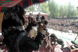 PDP President Mehbooba Mufti speaks at an election rally at Chadoora village in Badgam district