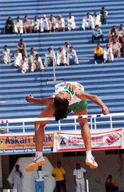 M. Sangeetha in action while winning the women's high jump event at the Jinnah Sports Complex during ninth SAF Games in Islamabad
