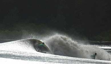 Brazilian surfers Flavio Marao and Sergio Roberto ride the thunderous Pororoca tidal wave 