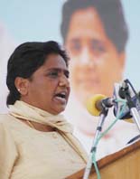The BSP president, Ms Mayawati, addresses an election rally at Hamirpur on Tuesday. 
