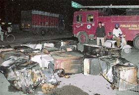 The remains of refrigerators which were destroyed after a multi-axle truck caught fire in Bhabhat village on the Chandigarh-Ambala highway in Zirakpur