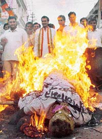 Effigies of BJP leaders being burnt in Ambala Sadar on Wednesday. 