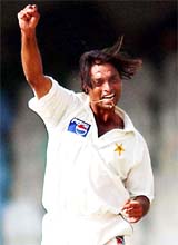 Shoaib Akhtar celebrates after dismissing Akash Chopra 