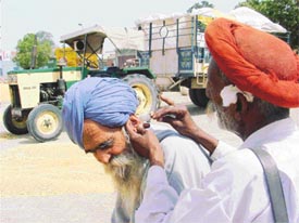 A farmer gets his ear cleaned as he waits for a procurement agency to buy his wheat in the Sanghol mandi