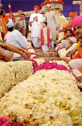 The 61-foot-long garland presented to the religious head of  the Swaminarayan sect