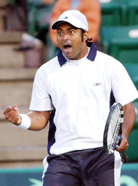 Leander Paes reacts after beating Japan's Takao Suzuki during the Davis Cup Asia/Oceania Zone Group I second round at Utsubo Tennis Center 