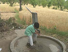 There is an acute shortage of water in most parts of Hamirpur district, a child tries to quench his thirst from a hand pump installed at Kuthera village of Hamirpur district