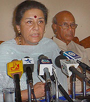 Congress leader Ambika Soni addresses mediapersons in Jammu on Sunday. Sitting beside her is Mr Sat Mahajan, AICC observer in J&K and a Himachal Pradesh Minister.