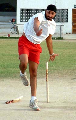 Harbhajan Singh practices at Bultron Park Cricket Stadium in Jalandhar 