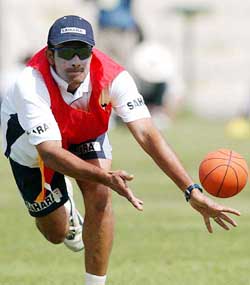Leg spinner Anil Kumble warming up at Pindi cricket stadium in Rawalpindi