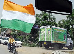 A vehicle displays the achievements of Indian National Lok Dal in Ambala 