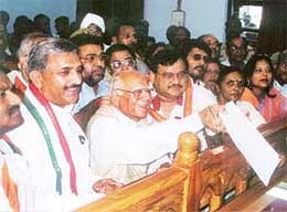 Congress-backed Independent candidate Ram Jethmalani files his nomination papers from the Lucknow Lok Sabha constituency on Monday. 