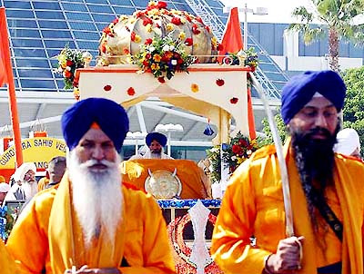 Members of the Sikh community take part in the Baisakhi 2004 parade in downtown Los Angeles on Sunday