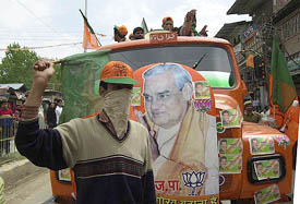 Supporters of the BJP at an election rally in Anantnag on Tuesday