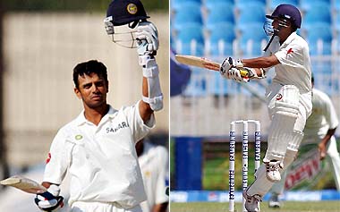 Rahul Dravid raises his bat and helmet after completing his century and Parthiv Patel hits a shot during his gritty knock of 69