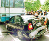 A Hyundai Accent rams into a bus after being hit by a Mercedes near the Piccadily roundabout in Chandigarh on Thursday.