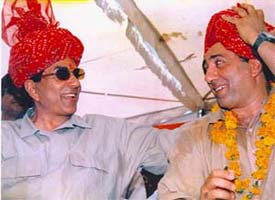 Veteran bollywood actor and BJP's Lok Sabha�candidate from Bikaner, Dharmendra, with his actor son Sunny Deol