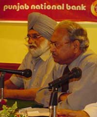 Mr U.S. Bhargava, General Manager, Punjab National Bank, addresses a press conference in Ludhiana