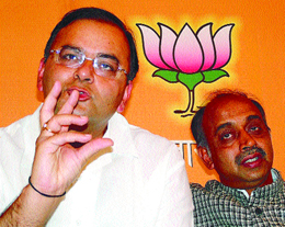 Mr Vijay Goel, BJP candidate from Sadar seat, with Mr Arun Jaitley, addressing a Press conference