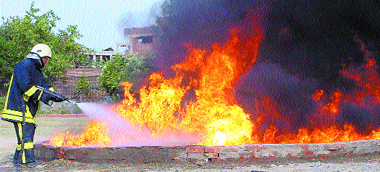 A firefighting expert giving a demo of a revolutionary AFT firefighting system in Rohini fire station.