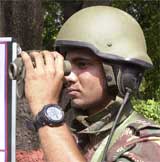 An Army jawan tests the infantry combat kit