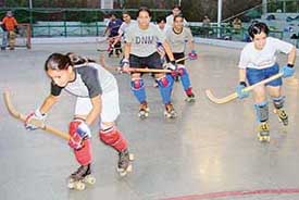 Eves practise under floodlights during the National Women Roller Hockey Camp at the skating rink of KB DAV Centenary School