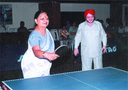 Hans Raj Model School principal Kusum Ahluwalia inaugurating the Hans Raj Model School Table Tennis Tournament, watched by DTTA secretary Hukam Singh, on Saturday.