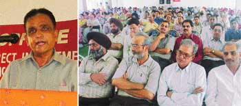 Mr N.K. Gaur, general secretary, Punjab Bank Employees Federation, addresses federation members in Ludhiana