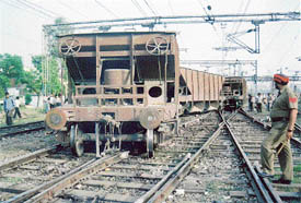 Wagons of a goods train which derailed in Ludhiana