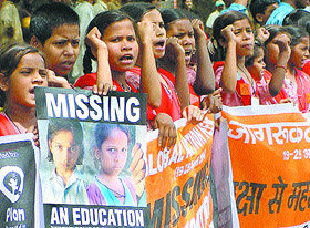 Children form a human chain in solidarity with their brethren who have been deprived of education