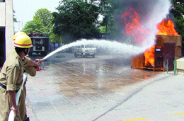A fire drill carried out by the Delhi Fire Service outside the NDMC building in the Capital on Monday.