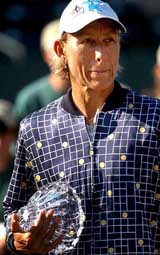 USA's Martina Navratilova shows emotion while being honoured on Sunday after the doubles final match of the Family Circle Cup in Charleston