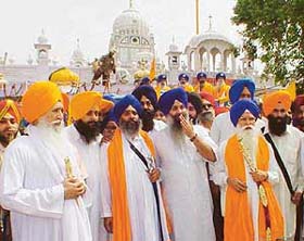 Mr Joginder Singh Vedanti, Jathedar Akal Takht (extreme left) and Mr Kirpal Singh Badungar, former president SGPC (second from right) at the head of Khalsa Chetna March