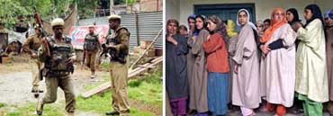 Security personnel rush to the spot where a rifle grenade landed in Baramulla, 55 km North of Srinagar, on Tuesday, and (right) women wait to cast their votes in Sheeri, 61 km northwest of Srinagar, on Tuesday.