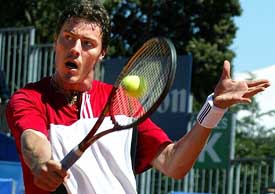 Marat Safin of Russia hits a backhand return to Olivier Rochus of Belgium during their first round match at the Monte Carlo Masters Open