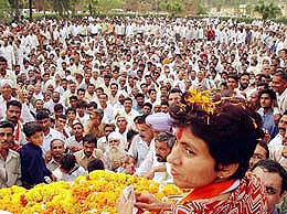 Congress candidate Kumari Selja addresses a public meeting before filing her nomination in Ambala 