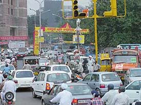 Traffic chaos at the Bharat Nagar chowk in Ludhiana on Wednesday.