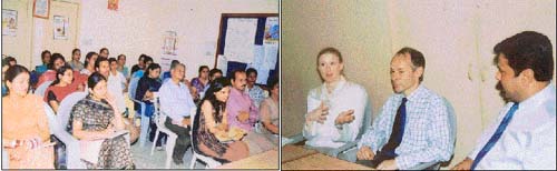 Teachers of Wylie Memorial High School listen to their counterparts, Ms Naomi Payne Cook and Mr Alan Rosen from Aylesbury High School, UK, during an exchange programme that concluded in Ludhiana on Wednesday.