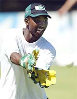 Zimbabwe captain and wicketkeeper Tatenda Taibu catches the ball during a practice session 