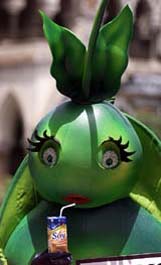 Dressed as a Soya Pod, an activist from People for the Ethical Treatment of Animals drinks soya milk on Earth Day