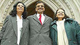 Chitralekha Mehta with her brother Yogesh Pathak and sister Anila Shastri outside the Royal Courts of Justice after they settled their legal battle 