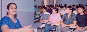 Ms Gagandeep Banga, Assistant Professor, Department of Business Management, Punjab Agricultural University, delivers a lecture at the Gujranwala Guru Nanak Institute of Management and Technology in Ludhiana